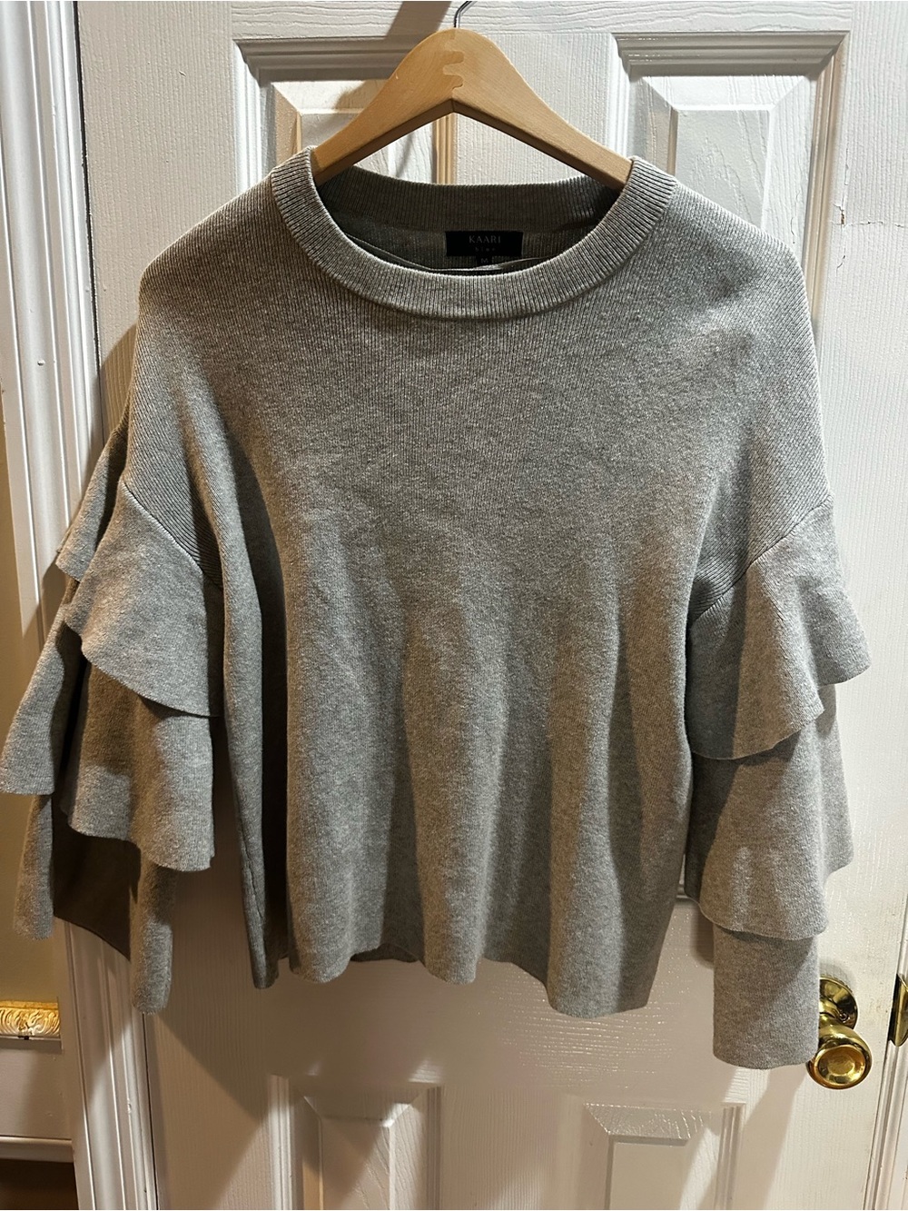 Kaari Blue Gray Knit Ruffle Bell Sleeve Sweater Medium